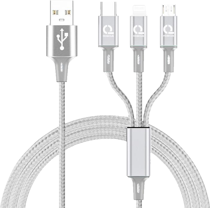 Mobique multi ladekabel USB-A til USB-C/Lightning/Micro-USB 1m grå